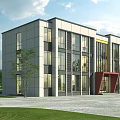 Modern Office Building With Large Glass Windows Gray Exterior Red Entrance And Green Lawn