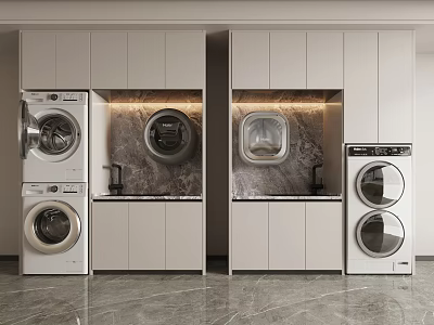 Modern Bathroom Cabinet Frame With Washing Machines And Marble Backsplash Storage Cabinets 3d model