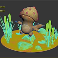 Cute Small Yellow Creature Wearing Mushroom Hat By Water Stones And Reeds