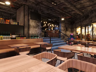 Industrial Style Bar Interior Design With Wooden Tables Chairs Wine Racks And Lighting 3d model