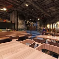 Industrial Style Bar Interior Design With Wooden Tables Chairs Wine Racks And Lighting