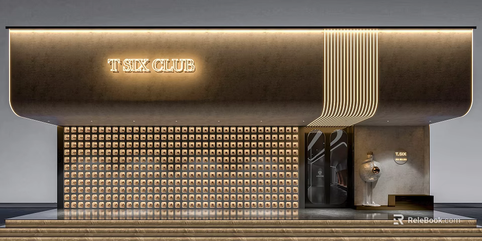 T SIX CLUB Modern Storefront Design With Golden Lines And Grid Pattern Wall 3d model 