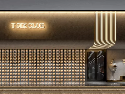 T SIX CLUB Modern Storefront Design With Golden Lines And Grid Pattern Wall 3d model