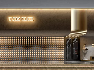 T SIX CLUB Modern Storefront Design With Golden Lines And Grid Pattern Wall 3d model