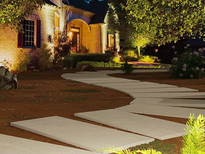Nighttime Residential Garden Landscape With Curved Stone Walkway Lighting Greenery And Flower Beds 3d model