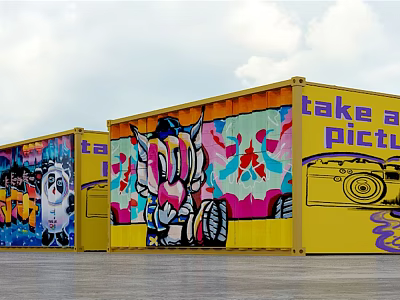 Industrial Equipment Yellow Containers With Colorful Graffiti And Take A Picture Design 3d model