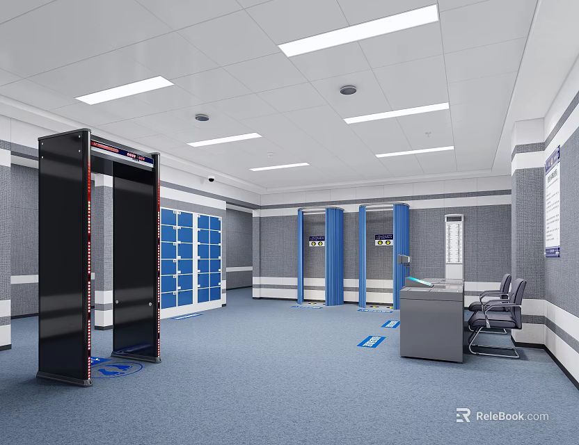 Monitoring Room Interior With Metal Detector Gate Lockers Blue Curtains Desk And Chair 3d model 
