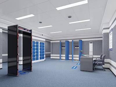 Monitoring Room Interior With Metal Detector Gate Lockers Blue Curtains Desk And Chair 3d model