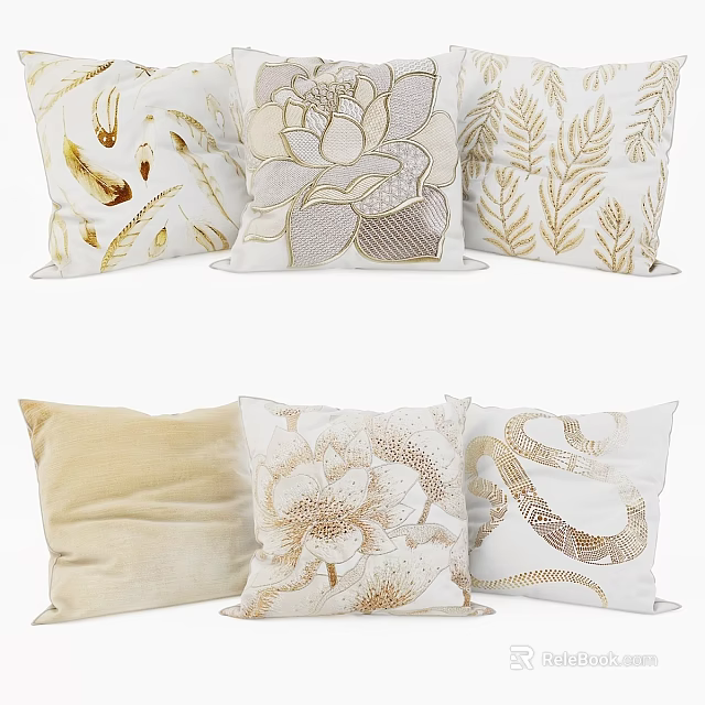 Decorative White Beige Pillows With Gold Floral Leaf Patterns And Velvet Texture 3d model 