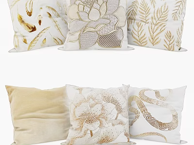 Decorative White Beige Pillows With Gold Floral Leaf Patterns And Velvet Texture 3d model