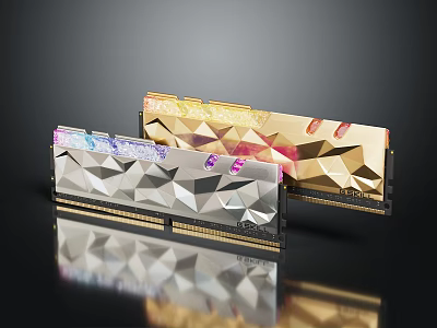 RAM Modules Featuring Silver Purple Gold Red Accents Diamond Cut Design On Black Reflective Surface 3d model