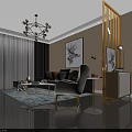 Modern Living and Dining Room Interior With Sofa Coffee Table TV Wall Chandelier and Rug