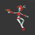 3D Rendered Robot Character With Red Hair Rabbit Ears Holding Red Object And Dynamic Pose