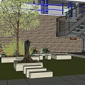 Modern Garden Landscape With Green Lawn Tree Stone Steps Brick Wall And Glass Staircase