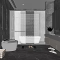 Modern Bathroom Interior Design With Bathtub Double Sinks Large Mirror And Venetian Blinds