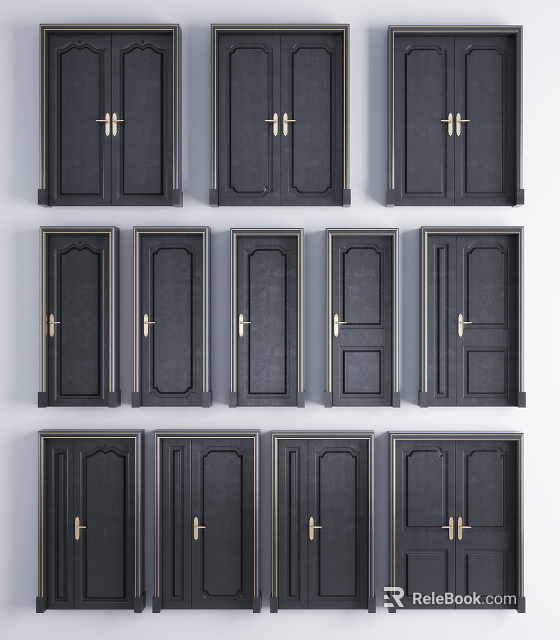 Black Double Doors With Golden Handles And Paneled Design For Interior Decor 3d model 
