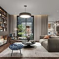 Modern Living Dining Room Interior Design With Sofa Coffee Table Bookshelf Window And Painting