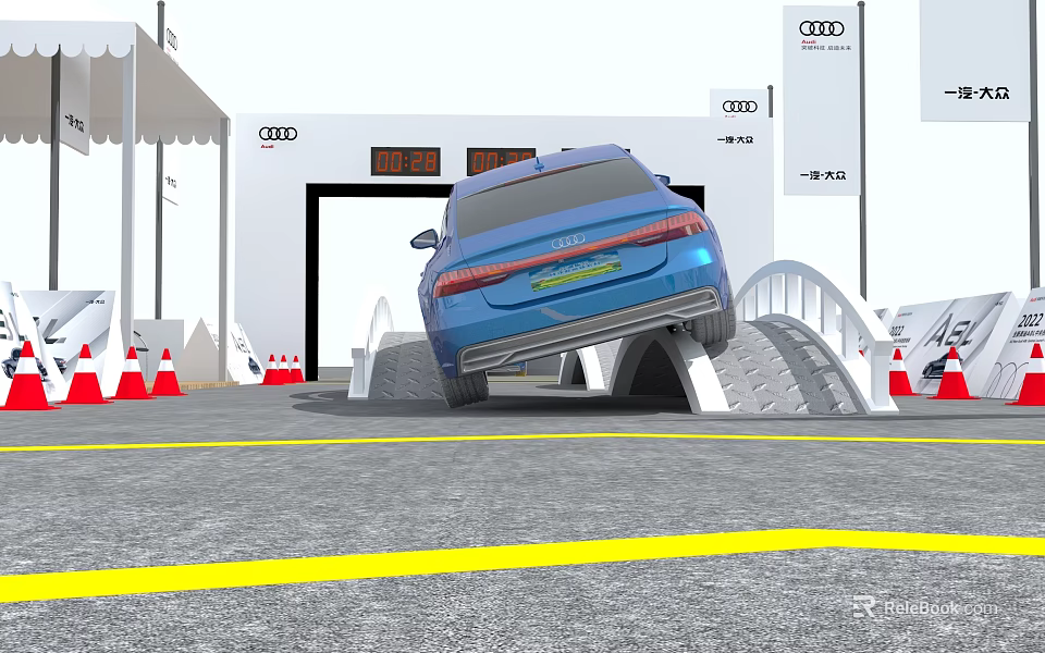 Road Facilities With Blue Audi Car On Ramp And Traffic Cones Yellow Lines 3d model 