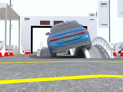 Road Facilities With Blue Audi Car On Ramp And Traffic Cones Yellow Lines 3d model