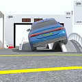 Road Facilities With Blue Audi Car On Ramp And Traffic Cones Yellow Lines