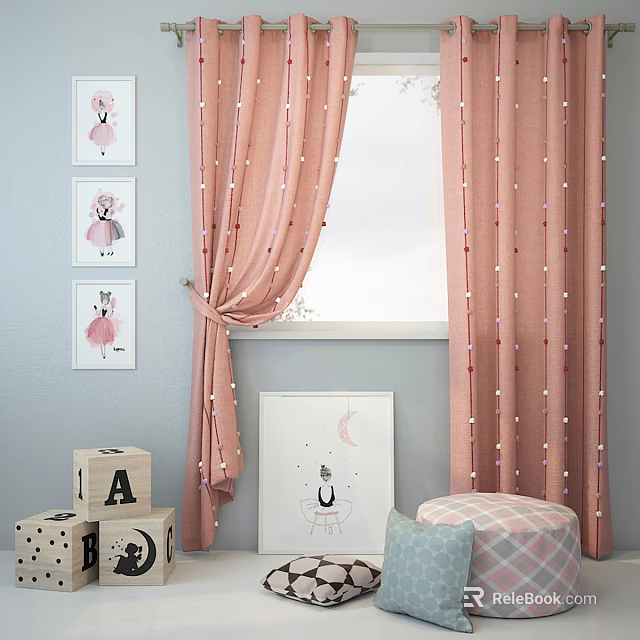 Pink Curtains With Red Dots In Kids Room With Window Wall Art And Alphabet Blocks 3d model 