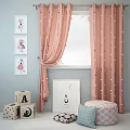 Pink Curtains With Red Dots In Kids Room With Window Wall Art And Alphabet Blocks
