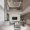 Modern Duplex Living Room With High Ceiling Large Windows And Marble Accents