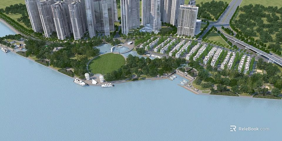 Birds Eye View Planning Of Waterfront High Rise Buildings With Green Spaces And Bridge 3d model 