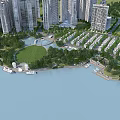 Birds Eye View Planning Of Waterfront High Rise Buildings With Green Spaces And Bridge