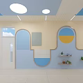 Kid Friendly Elevator Corridor With Blue Beige Walls Cloud Decorations And Round Ceiling Lights 3d model