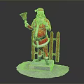 Santa Claus Statue In Red Costume Holding Bell With Wooden Fence And Snow Base