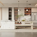 Elegant Modern Open Restaurant Interior With Marble Island White Cabinets Hanging Lights And Green Plant