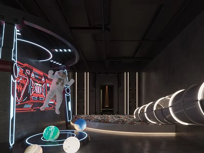 Sci Fi Themed Exhibition Space With Floating Astronaut Neon Lights And Planet Models 3d model