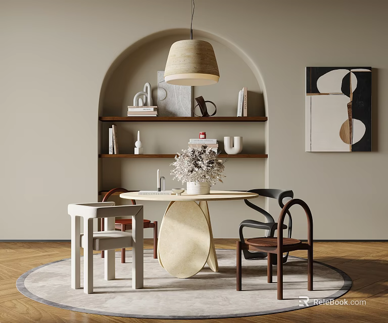 Charming Restaurant Interior With Arched Shelf Pendant Light Round Table Chairs And Wall Art 3d model