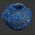 Blue Ceramic Vase Sculpture With Intricate Dragon Carving Yellow Speckles And Spiral Patterns