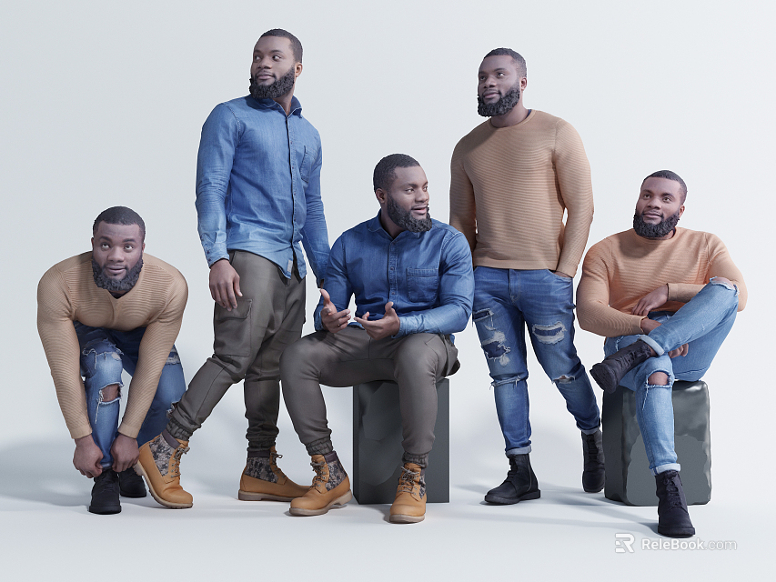 Five Stylish Men In Casual Outfits Posing 3d model 