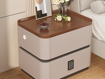 Modern Bedside Table with Brown Top Gray Cabinet Vase with Flowers and Bowl of Cherries 3d model