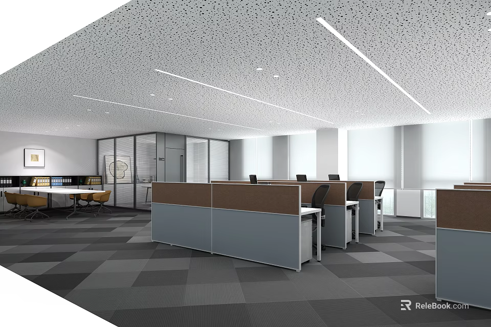 Modern Public Office Space With Cubicles Workstations Glass Partitions And Ceiling Lighting 3d model