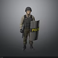 Police Officer In Tactical Gear Holding Riot Shield And Baton