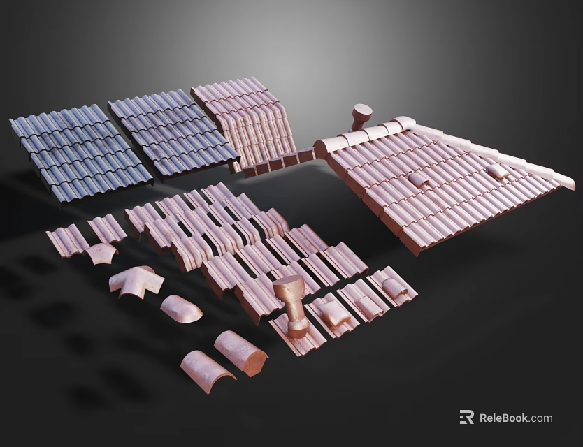 Different Types Of Building Roof Components With Tiles Panels And Curved Elements 3d model 