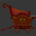Decorative Wooden Cart With Red Fabric Curved Handle Green Cloth Drawer And Wheels