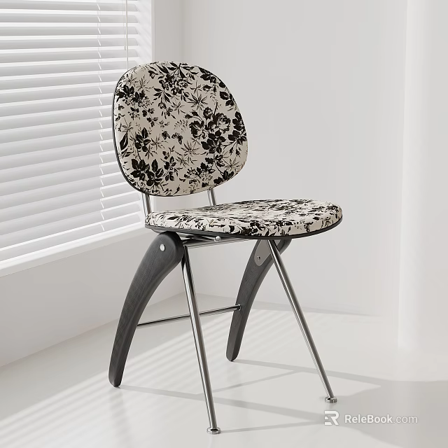 Elegant Leisure Chair With Floral Pattern Backrest Seat Dark Wooden Legs And Metal Frame 3d model 