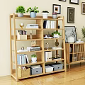 Modern Wooden Bookshelf With Books Potted Plants Storage Boxes And Decor In Living Room