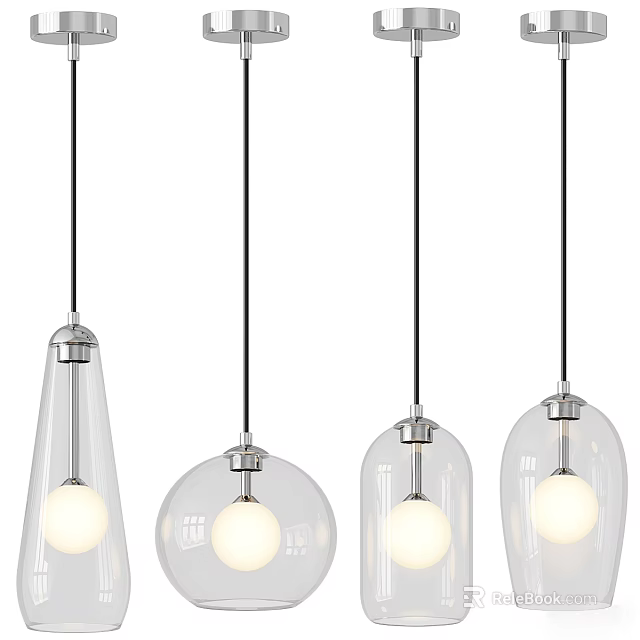 Four Modern Glass Pendant Lights With Different Shapes And Glowing Bulbs 3d model 