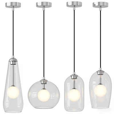 Four Modern Glass Pendant Lights With Different Shapes And Glowing Bulbs 3d model