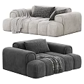 Modern Gray Plush Sofa Design With Checkered Pillows And Cozy Blanket 3d model