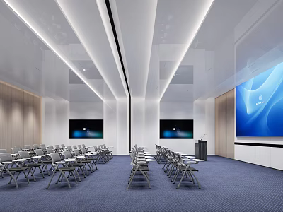 Modern Conference Room Interior With Foldable Chairs Multiple Screens Wooden Walls And Blue Carpet 3d model