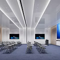 Modern Conference Room Interior With Foldable Chairs Multiple Screens Wooden Walls And Blue Carpet