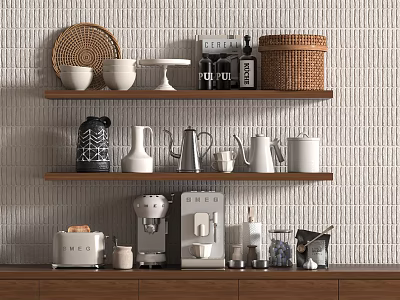 Wooden Kitchen Shelves With Coffee Maker Toaster Bowls Jars And Storage Baskets 3d model