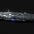 Science Fiction Warship with Metallic Texture Surface Structures and Glowing Blue Lights Against Black Background